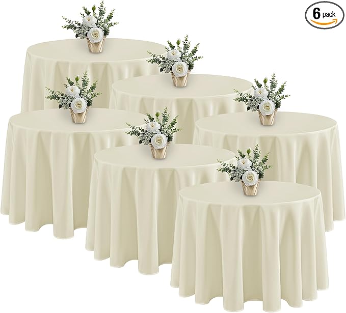 Fitable 6 Pack Ivory Round Tablecloths - 120 Inches in Diameter - Stain Resistant and Washable Table Clothes, Polyester Fabric Table Covers for Wedding, Party, Banquet, Formal Events