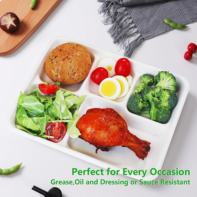Go-Green 100% Compostable 5 Compartment Plates,Eco-Friendly Disposable Bagasse Tray,10 inch Heavy Duty School Lunch Tray,100 Pack
