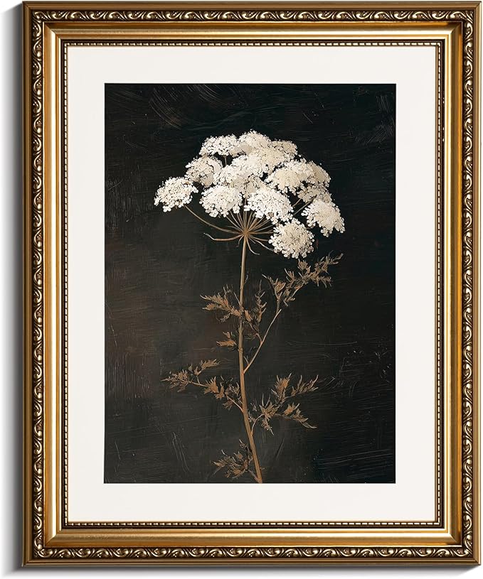 InSimSea Gold Picture Framed Wall Art, Living Room Vintage Dark Flower Wall Decor, Moody Floral Botanical Canvas Print Art, Home Farmhouse Decor, Antique Paintings with Frame 13x16inch