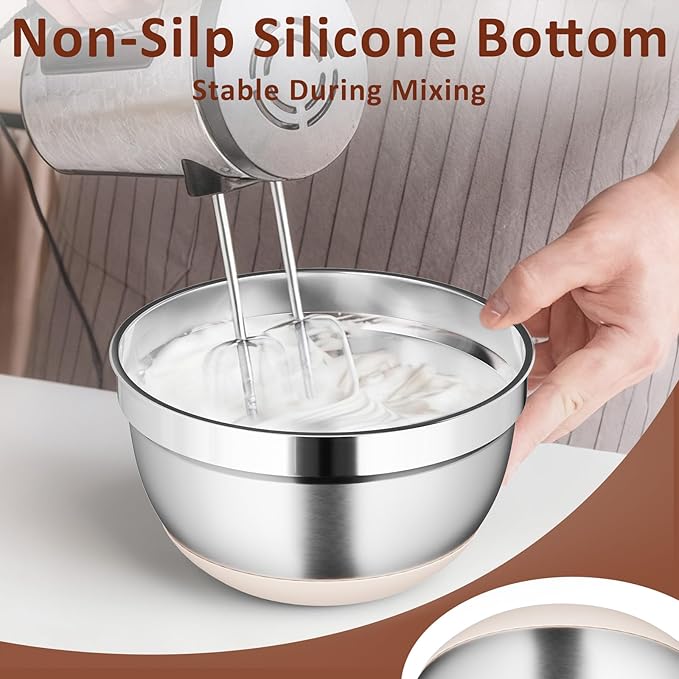 9 Pack Mixing Bowls with Airtight Lids Set, Stainless Steel Mixing Bowls with Grater Attachments, Nesting Kitchen Bowl Set with Non-Silp Bases, Size 7, 4, 3, 2, 1.5,1QT, Khaki