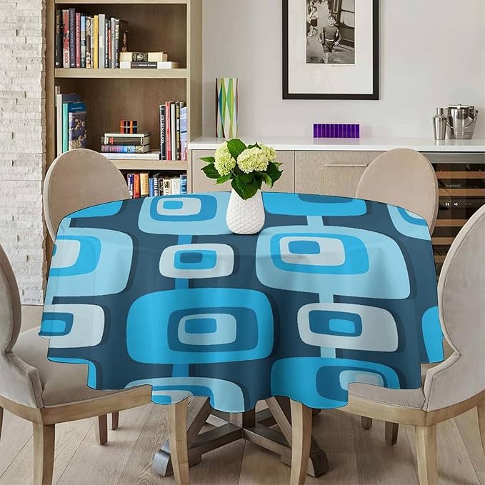 Mid Century Boho Round Tablecloth, Blue Mid Century Modern Art Abstract Geometric Pattern Retro Vintage Style Tablecloth for Home Party Dining Room Kitchen Decor 50Inch(127cm)