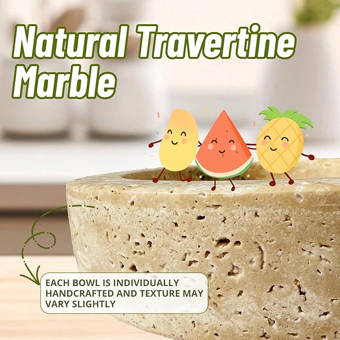 Natural Travertine Marble Bowl - 7.8″ Handcrafted Stone Decorative Bowl for Kitchen Fruit, Entryway Keys, Dining Table Centerpiece & Modern Home Decor