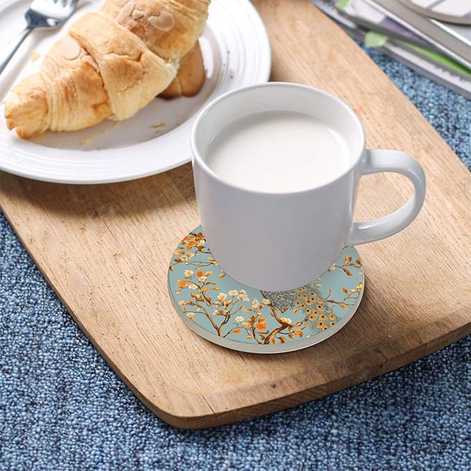 Coasters for Drinks Coaster Drink Set Decorative Coffee Table Desk Cup Mat Spring Cute Cork Bar Backing Round Home Decor Orange Branch Peacock21