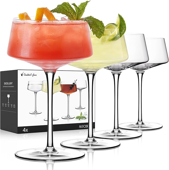 LUNA & MANTHA Coupe Glasses Set of 4, Martini Glasses Hand Blown Premium Crystal Cocktail Glassware for Manhattan, Margarita, Espresso Martini, Birthdays, Housewarming Gift,8oz Clear