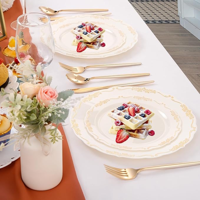 U-QE 100 PCS Ivory Plastic Plates with Gold Rim - Gold Plastic Plates for Party - Heavy Duty Plastic Plates Disposable Use Including 50 Dinner Plates 10 '' & 50 Dessert Plates 7.5 ''