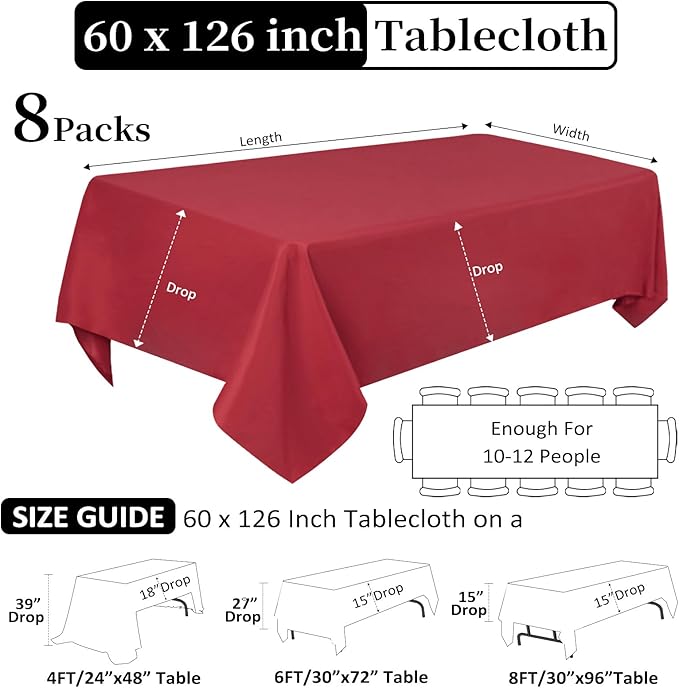 CozRhythm 8 Pack Red Valentine's Day Tablecloth 60 x 126 Inch Rectangular Table Cloth for 8 Foot Rectangle Tables, Wrinkle Resistant Washable Polyester Fabric for Buffet Wedding Party