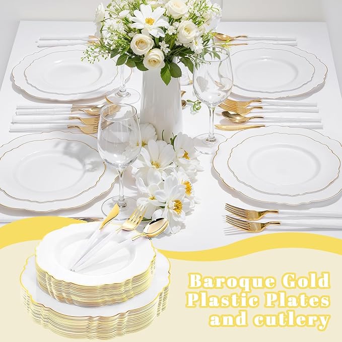 WDF 30Guest Gold Plastic Plates - High-end Baroque Design - 10.25&7.5in Wedding White and Gold Plates Disposable for Parties/Wedding/Valentine's Day