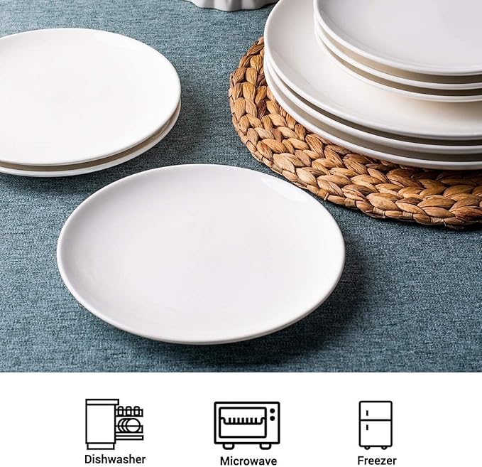 DELLING Porcelain Appetizer Plates, 7 Inch White Dessert/Salad Plates - Small Dinner Plates for Sides, Snack, Pasta - Kitchen Ceramic Serving Dishes - Set of 6