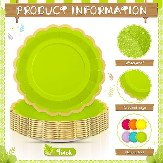 96 Pcs Neon Colorful Paper Plates 9 Inch Gradient Scalloped Paper Plates Disposable Dinner Dessert for Birthday Wedding Bridal Party Supplies, 6 Colors