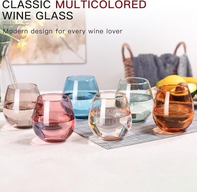 Colored Stemless Wine Glasses Set of 6-15 oz -【Hand-Blown】 Colored Drinking Glasses, European Design Crystal Glass For Red & White Wine, Unique Gifts for Wedding, Birthday(Multicolor)