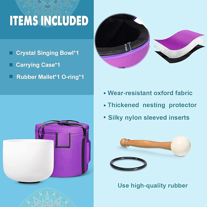 440HZ 8 Inch F Note Heart Chakra Frosted Quartz Crystal Singing Bowl Meditation Therapy Sound Healing Instrument Sound Bath Bowl with Carrying Bag Mallet and O-ring