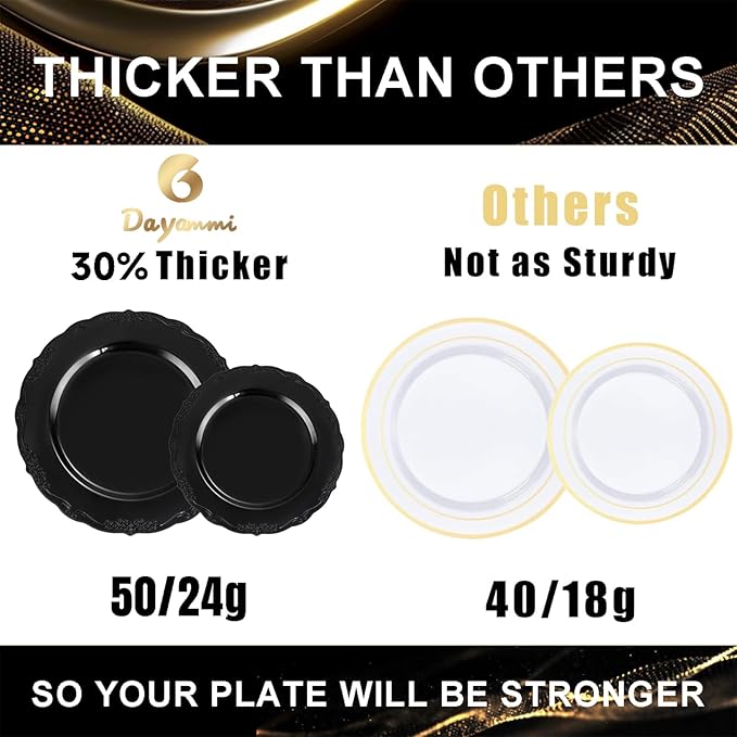 DaYammi 60PCS Black Plastic Plates, Heavy Duty Black Disposable Plates Premium 10inch Dinner Platos Hard Plastic Platos Disposable for Party and Wedding Bridal Shower