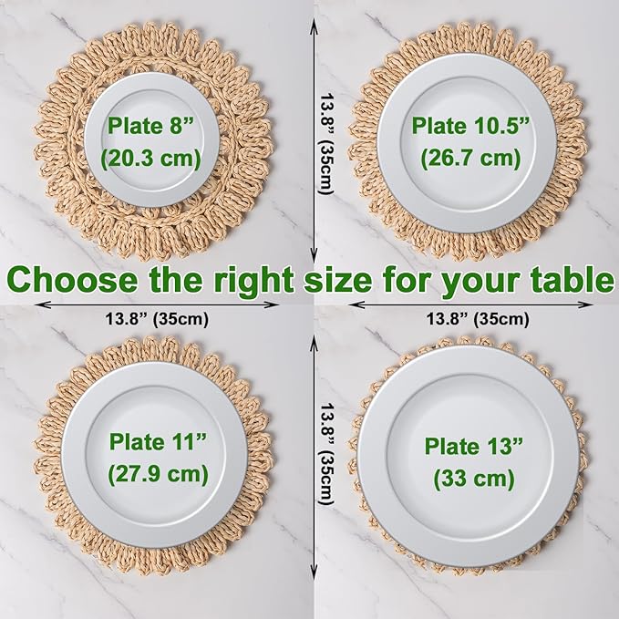 13.8" Set of 12 Round Corn Husk Placemats | Boho Wovean Rattan Table Mats | Farmhouse Wicker Spring Plate Chargers Like Water Hyacinth, Seagrass Table Mats
