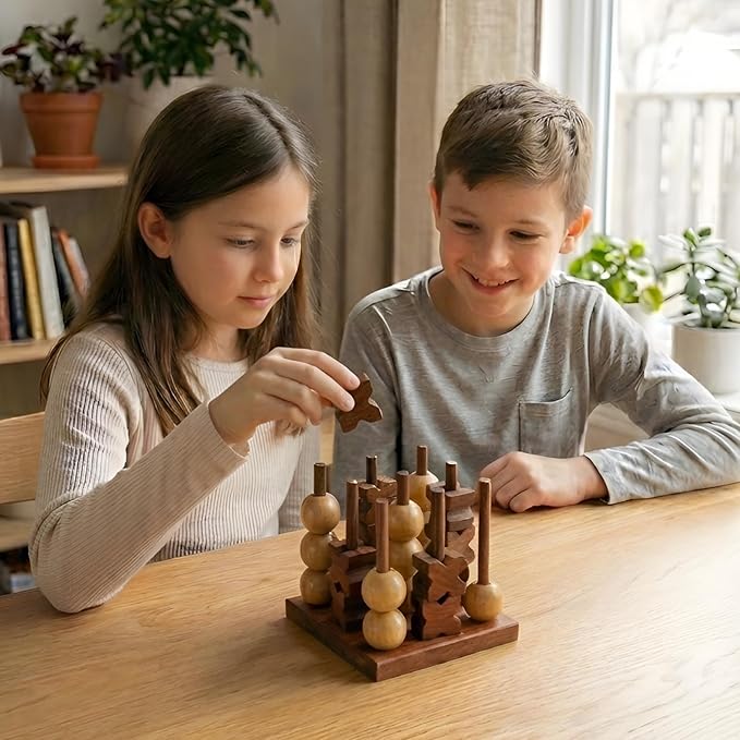 Ajuny 3D Wooden Tic Tac Toe Board Game for Indoor, Outdoor, Travel Rustic Coffee Table Decor Games - Ideal Gift for All Ages Strategy 2 Players Night, Family Game