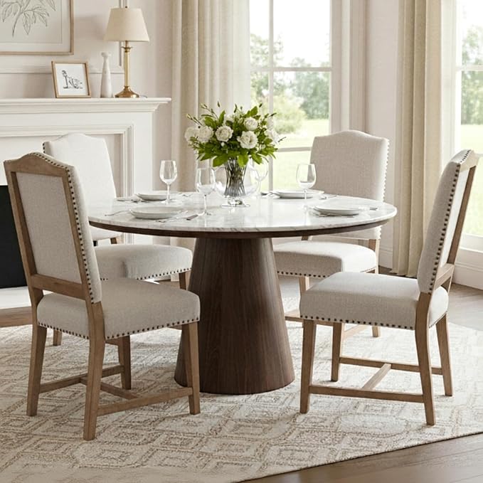 CIMOTA Mid Century Modern Dining Chairs Set of 4, Farmhouse Upholstered Dining Room Chairs Comfortable Kitchen Side Chairs with High Back/Natural Solid Wood Frame, Linen Beige