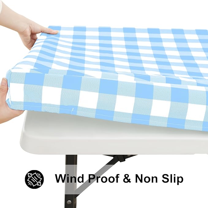 Smiry Rectangle Picnic Table Cloth, Elastic Waterproof Fitted Vinyl Tablecloths, Flannel Backed Buffalo Plaid Table Covers for Dining, Camping, Outdoor (Baby Blue and White, 24" x 48")