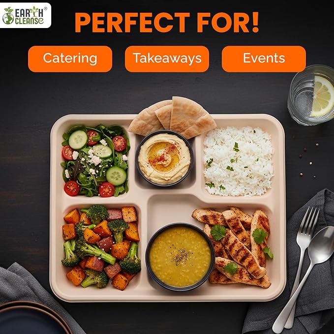 case of 200 5-Compartment School Tray – Eco-Friendly, Biodegradable, Microwave & Freezer Safe – Ideal for Catering, Takeaway & Events – Bulk Pack – Sustainable Disposable Tableware