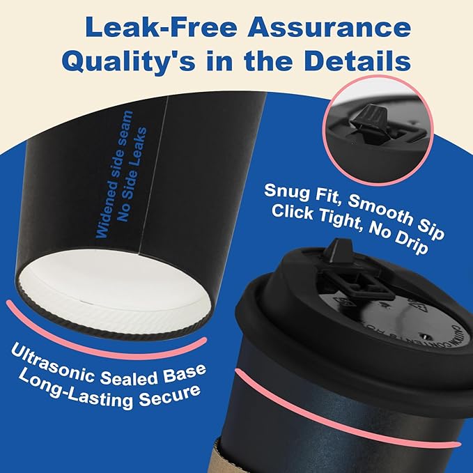 12 oz 100 Pack Coffee Cups with Lids and Sleeves, Straws, Hot Disposable To Go Travel Paper Cups Bulk for Office, Home Coffee Bar Accessories, Chocolate, Cocoa, Beverage (Black)