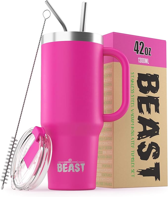 Beast 42 oz Tumbler with Handle Stainless Steel Vacuum Insulated Coffee Ice Cup Double Wall Travel Flask (Cupcake Pink)