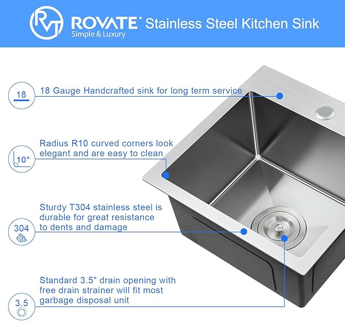 ROVATE 18 × 18 x 9 inch Drop in Kitchen Sink, 304 Stainless Steel Top-mount Kitchen Bar Sink Single Bowl, Small Overmount Handmade Bar Sinks with Basket Strainer