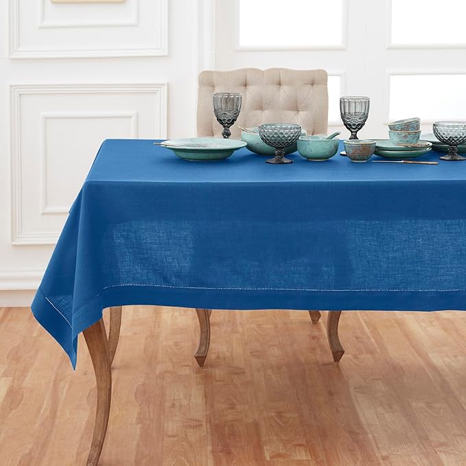 Solino Home Linen Indigo Blue Tablecloth 60 x 144 Inch - Classic Hemstitch, 100% Pure Linen Rectangular Tablecloth - Machine Washable Table Cloth for Winter, Spring, Easter