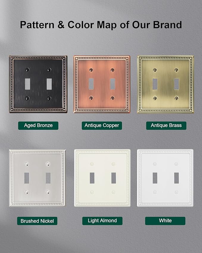 2-Pack Double Toggle Light Switch Cover Plate, Pearls Decorative Dual Switch Plate Covers, Pure White 2 Gang Metal Wall Plate, Corrosion Resistant