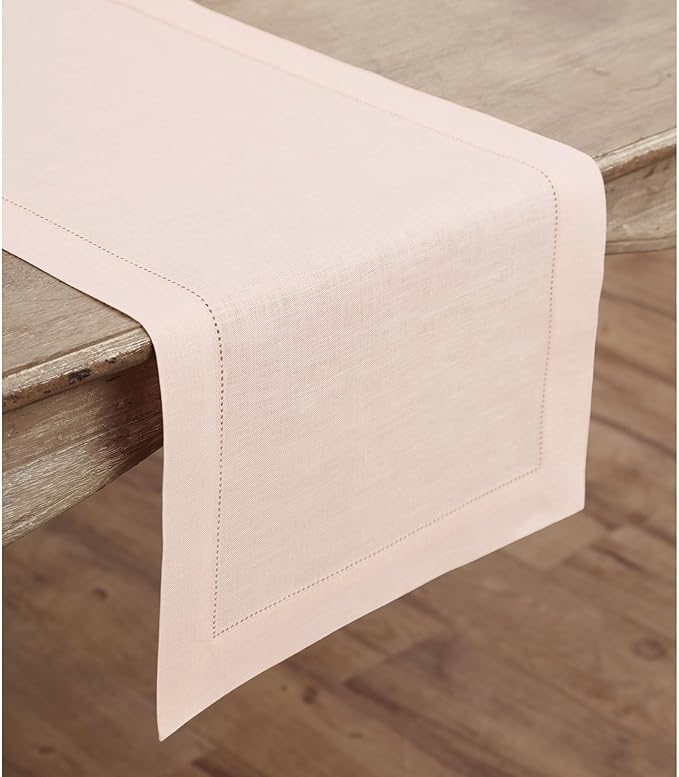 Solino Home Linen Pink Table Runner 48 Inches - Classic Hemstitch, 100% Pure Linen Coffee Table Runner 14 x 48 Inch Ideal for Dresser Tables - Valentines, Spring, Easter