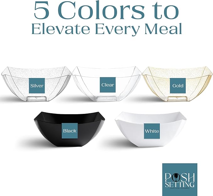 Posh Setting White Plastic Serving Bowls Disposable - Square Bowls - Square Candy Bowl - Plastic Snacks & Chip Bowls for Parties - White, Gold & Clear, Black Serving Dishes, 64 OZ, 4 Pack