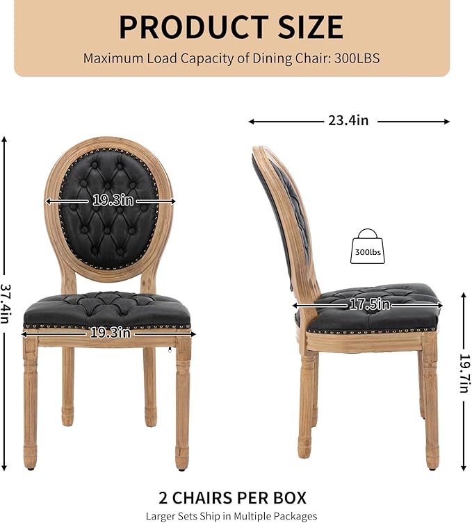 Vintage French Dining Chairs Set of 2, Round Back PU Leather Upholstered Side Chairs with Nailhead Trim and Solid Wood Frame, Sillas de Comedor for Dining Room & Kitchen, Black