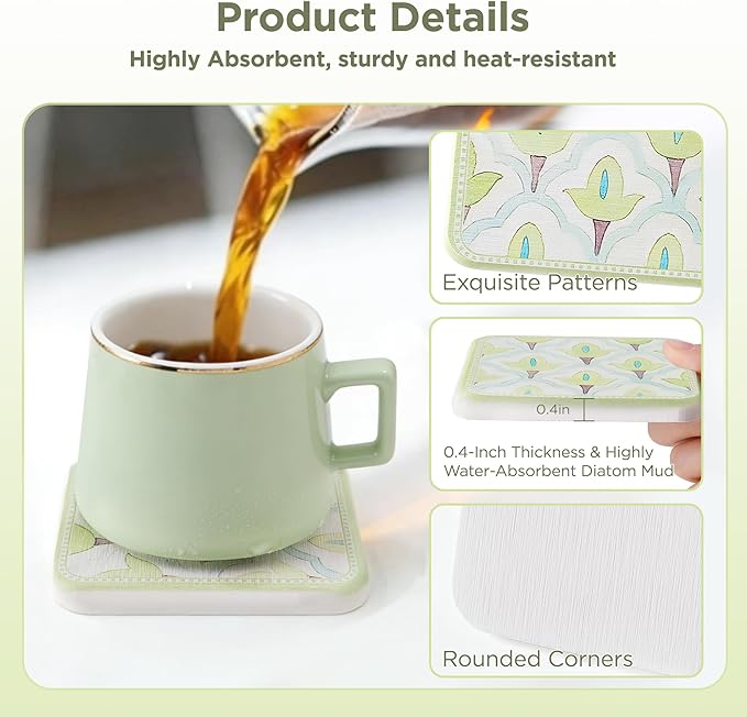 Coasters Set of 4, Square Drink Coasters Absorbent Heat Resistant Diatomite Coaster Cup Mats Vintage Home Decor for Coffee Table Desktop Protection (C, 3.9" x 3.9", 4pcs)