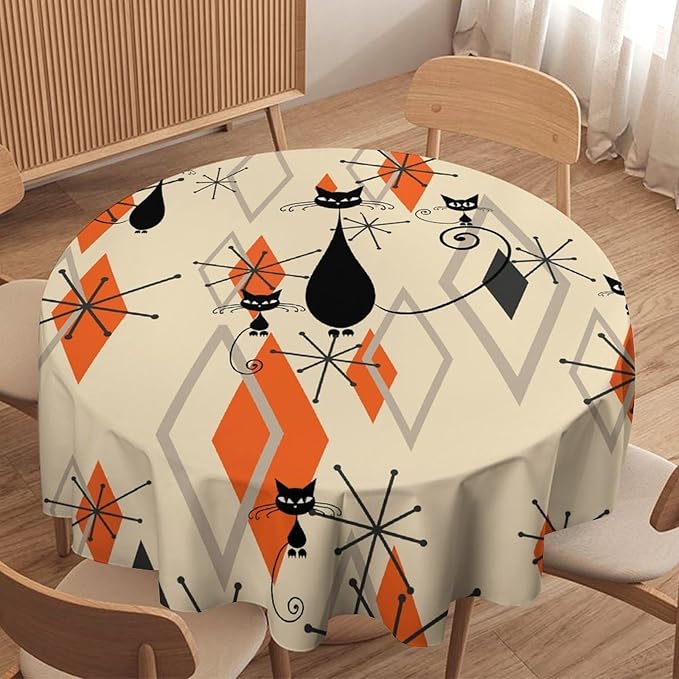 Retro Boho Modern Black Cat Round Tablecloth, Mid Century Boho Moon Abstract Geometric Leaf 50s 60s Style Tablecloth for Home Party Dining Room Kitchen Decor 60Inch(152cm)