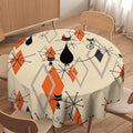 Retro Boho Modern Black Cat Round Tablecloth, Mid Century Boho Moon Abstract Geometric Leaf 50s 60s Style Tablecloth for Home Party Dining Room Kitchen Decor 60Inch(152cm)