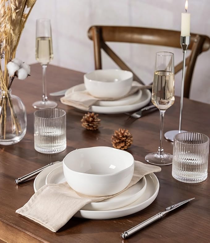 TheTerra Ceramic Dinnerware Sets, Handmade Reactive Glaze Plates and Bowls Set, Scratch Resistant Dish Set, Oven & Microwave & Dishwasher Safe, Bright White