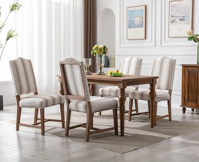 CIMOTA Mid Century Modern Dining Chairs Set of 6, Farmhouse Upholstered Dining Room Chairs Comfortable Kitchen Side Chairs with High Back/Natural Solid Wood Frame, Linen Brown/Beige Stripe