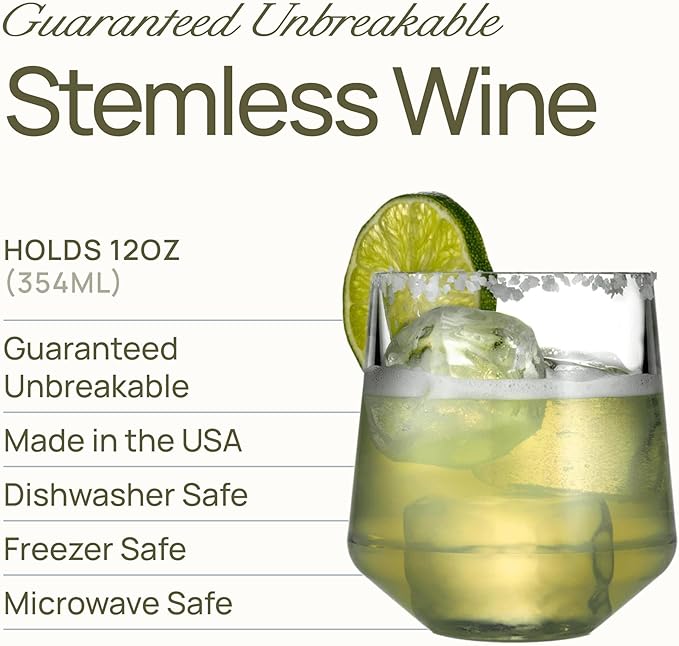 Drinique Unbreakable Stemless Wine Glasses - Set of 4 - Made in USA 12 oz Tritan Unbreakable Plastic Wine Glasses, Reusable for Indoor or Outdoor Use, BPA Free & Shatterproof, Red