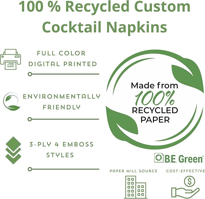 B.E. Green 100% Recycled Custom Cocktail Napkins - Personalized 100% Recycled Napkins - Eco-friendly & Full-Color Digital Printed - Weddings, Events & Celebrations - Pack of 50 - Non-Embossed, 5"x 5"
