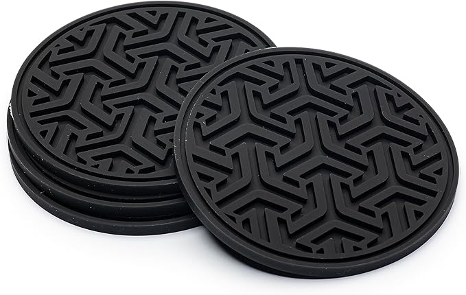 Drink Coasters for Tabletop Protection - Set of 4 No-Slip Silicone Rubber Coasters for Coffee Table, Desk & More - USA-Made Coasters for Drinks w/Liquid-Catching Grooves (Classic Black)
