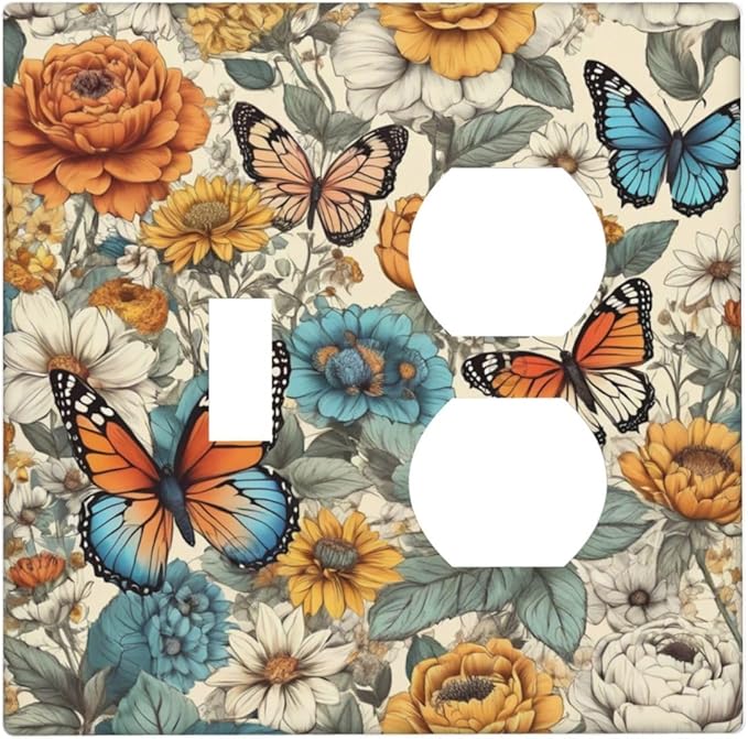 Light Switch Cover Plate Vintage Colorful Floral Butterfly Flowers 2 Gang Decorative Switch Plates 1 Toggle Duplex Combo Outlet Covers GFCI Wall Plates for Bathroom Bedroom Decor