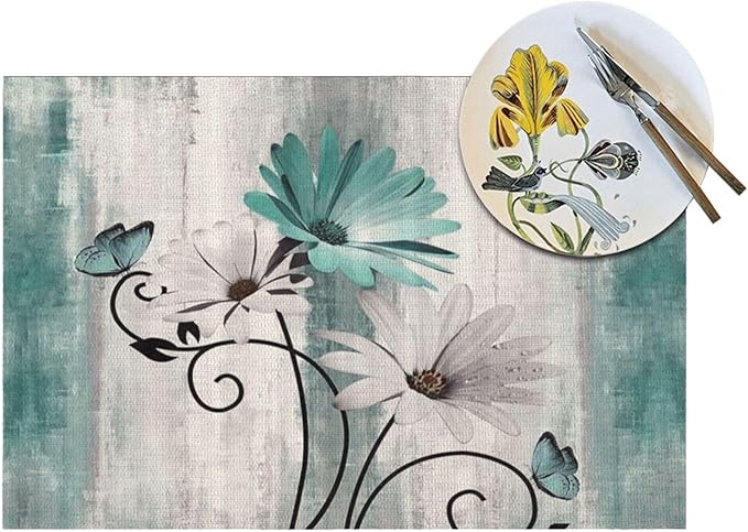 Floral Placemats Set of 4, 12x18 Inch Teal Blue Daisy Flower Table Mats Rectangle Vintage Flowers Holiday Decorative Table Placemats for Party Home Kitchen Dining Table Decoration