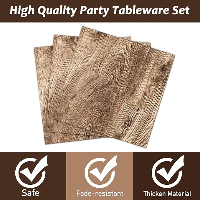 200Pcs Rustic Wooden Tree Party Supplies Paper Plates Napkins Lumberjack Camping Hunting Theme Birthday Party Decorations for Kids Hunting Serves 50