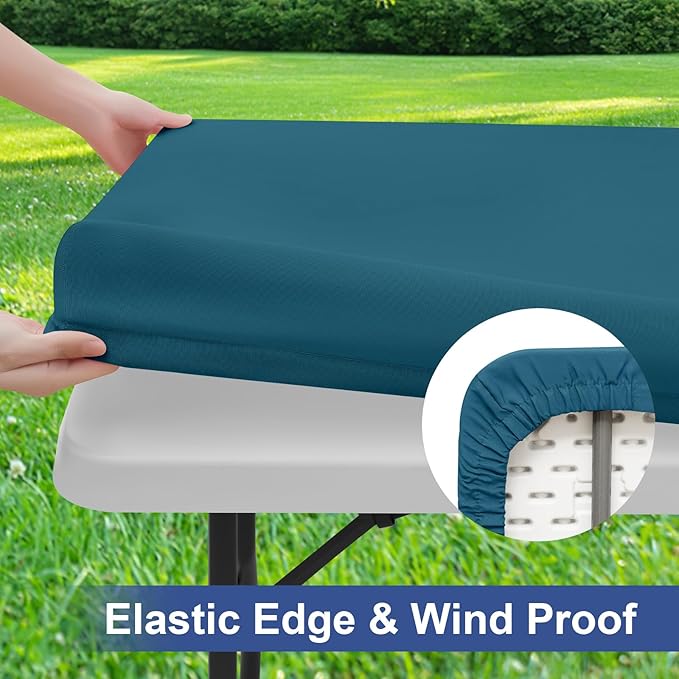 homing 2 Pack Rectangle Table Cloth, Elastic Fitted Fabric Tablecloth Fits for 6 Foot Folding Tables, Washable Table Cover for Picnic, Camping, Indoor & Outdoor (Peacock Blue, 30" x 72")