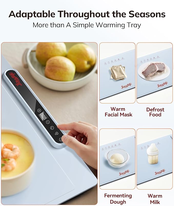 Electric Warming Mat for Food, Roll-Up Silicone Heating Pad with 7 Adjustable Tempmaster Levels, Foldable Warming Tray for Countertop,Buffet Party, Kitchen & Home, Child Lock, Light Blue