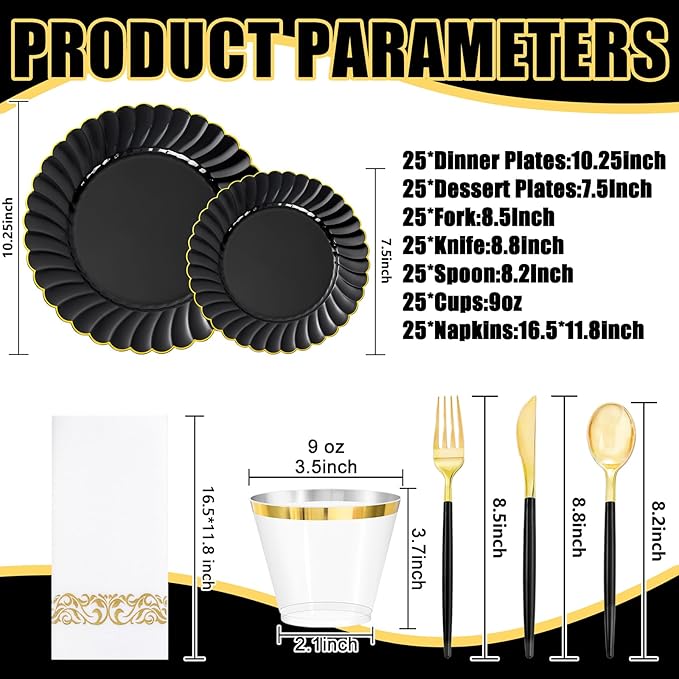 Ciaell 175 PCS Black Scalloped Plastic Plates with Gold Trim - Black Plastic Silverware with Handle - Fancy High-End Dinnerware Sets for Wedding & Party