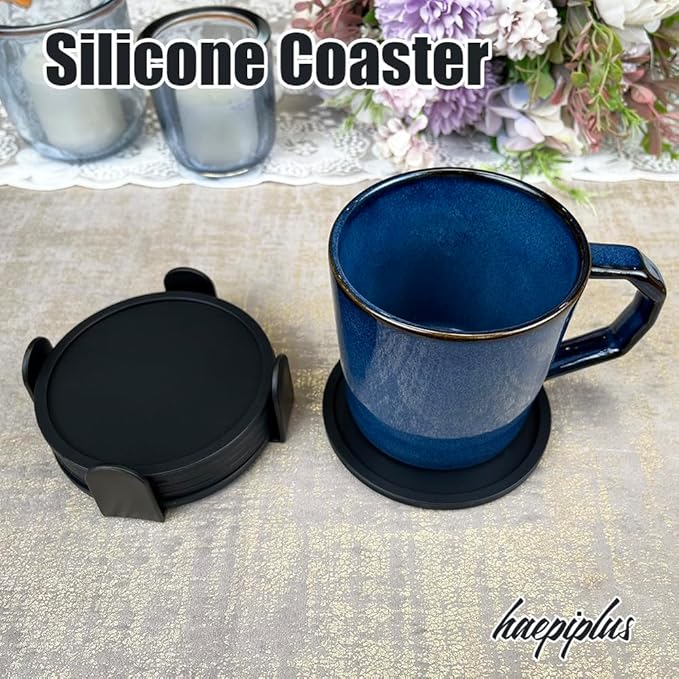 6 Pieces Silicone Coasters, Cup Coasters for Drinks, Heat Resistant Glass Cushion, Coffee Coaster for Table, Desk, Kitchen, Office, Bar Furniture Protection, Hot Cup Mat (Black)
