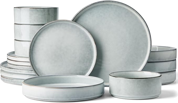 Famiware Annecy Plates and Bowls Sets, Service for 4 (16 Pieces), Dinnerware Sets with Pasta Bowls, Microwave and Dishwasher Safe Dishes Set, Chip and Scratch Resistant, Grey-Blue