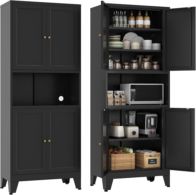 Metal Pantry Storage Cabinet, 69" Tall Storoge Cabinet with 4 Doors & 3 Adjustable Shelves, Microwave Stand with Storage for Kitchen, Dining Room, Living Room (1PC,Black)