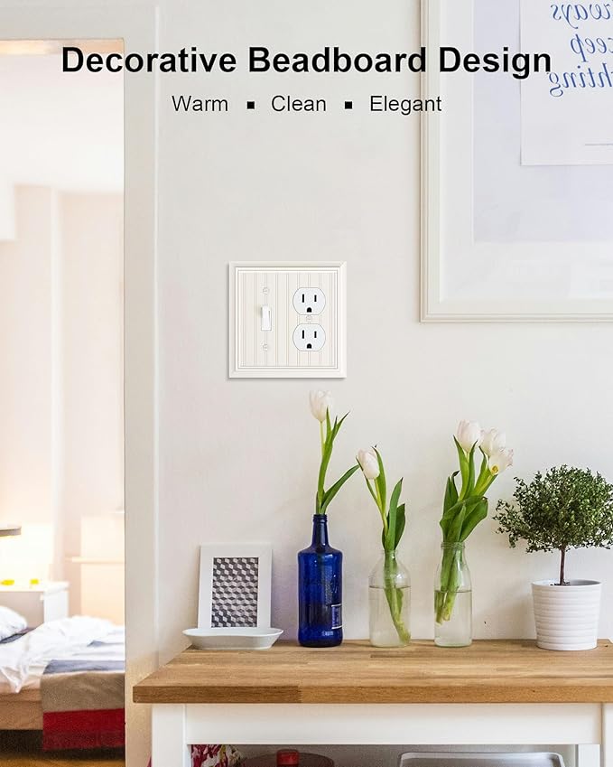 2-Pack Classic Beadboard Combo Toggle/Duplex Light Switch Cover Plate, Light Almond Outlet Cover Plate, Natural Bamboo Fiber Decorative Wall Receptacle Cover for Electrical Outlets, Light Switch