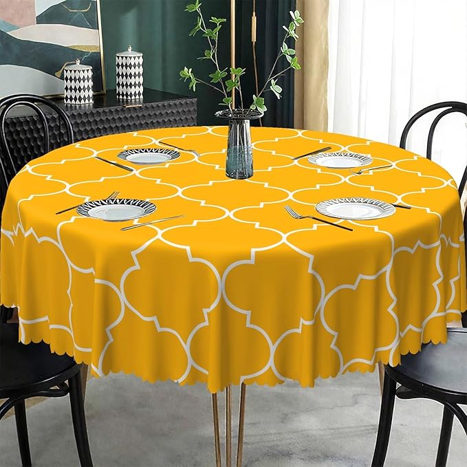 Laeacco 42 Inch Morocco Round Tablecloth Orange Geometric Lattice Modern Abstract Art Print Table Cloth Washable Waterproof Wrinkle Free Table Cover for Kitchen Dining Picnic Party Decoration