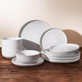 Stoneware Dinnerware Sets, Plate and Bowl Sets for 4, 12 Pieces Spiral Flared Dishware with Speckles and Reactive Glaze, Microwave Dishwasher Safe Family Tableware, White