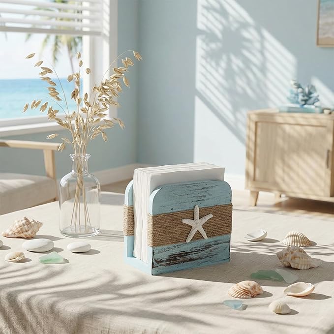 Natural Wooden Napkin Holder, Farmhouse Napkin Holders Upright Wooden Tissue Dispenser for Kitchen Dining Room Table Decor Indoor & Outdoor Use (Beach Style,Blue)